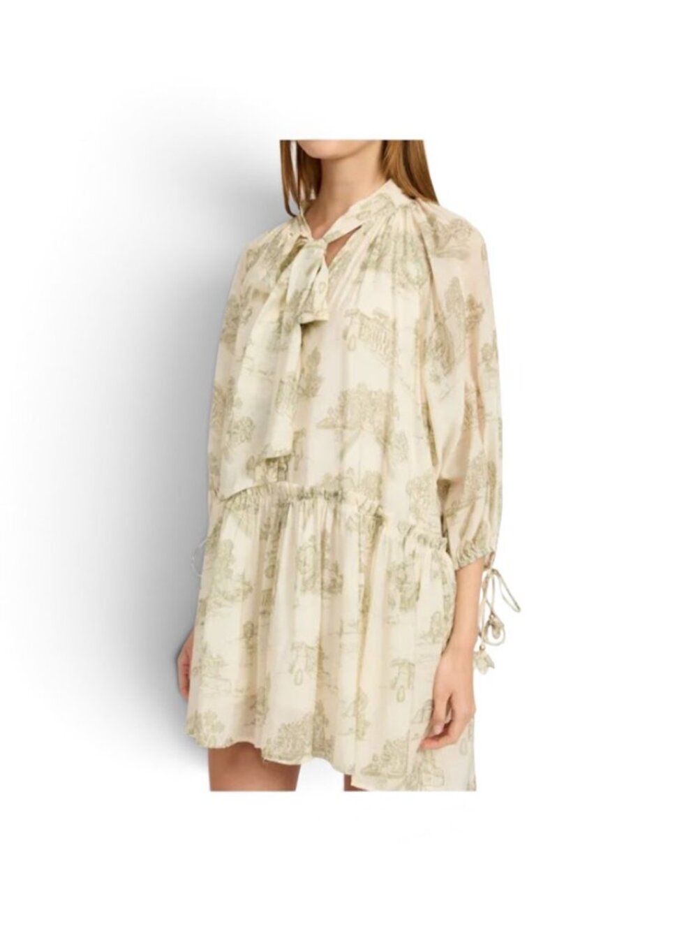 En Saison Leighton Toile Mini Dress Tie Neck Tiered Boho Bell Sleeve French, S